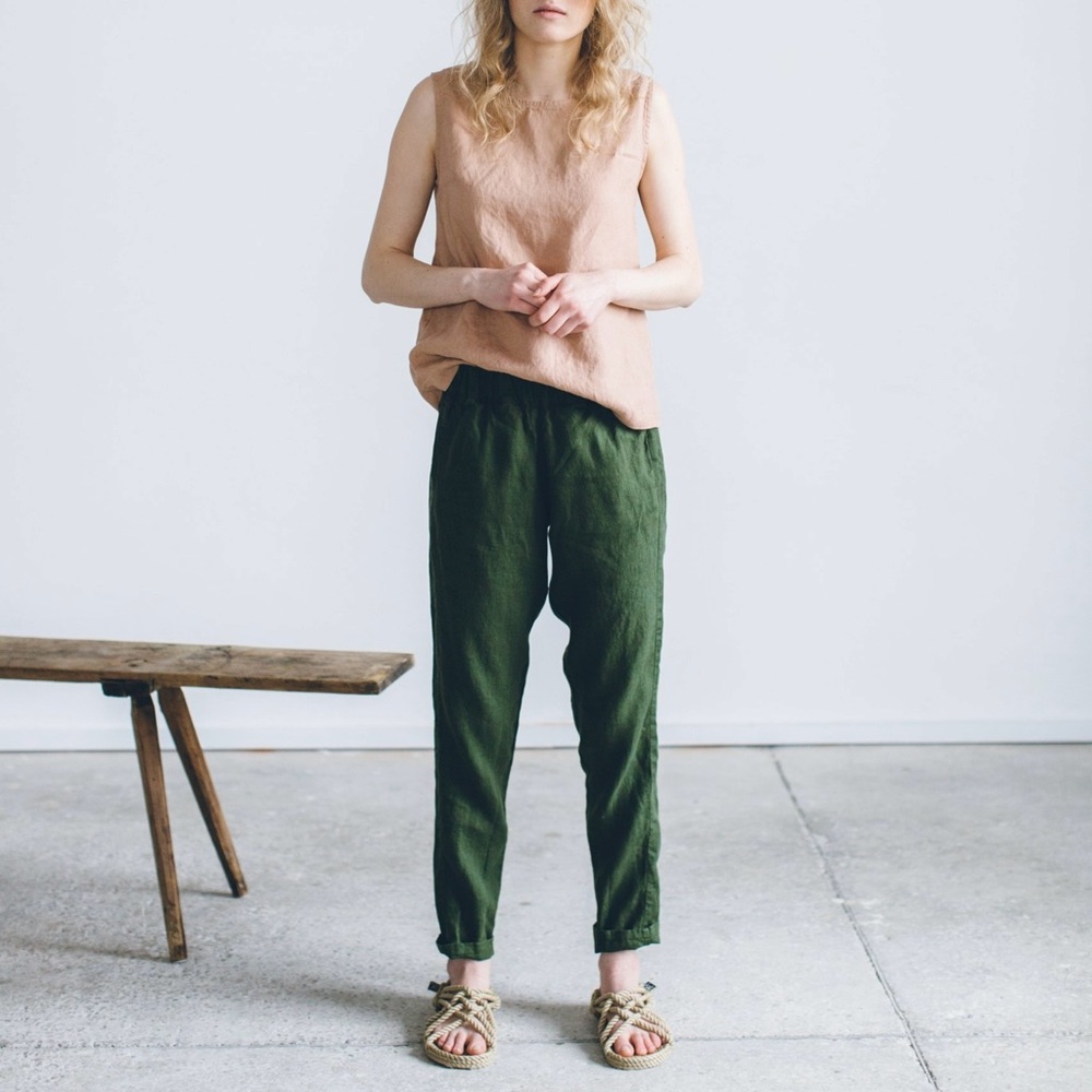 LINENFOX Nova Linen Trouser Womens XXS Olive Green Tapered Pull On Casual Beach